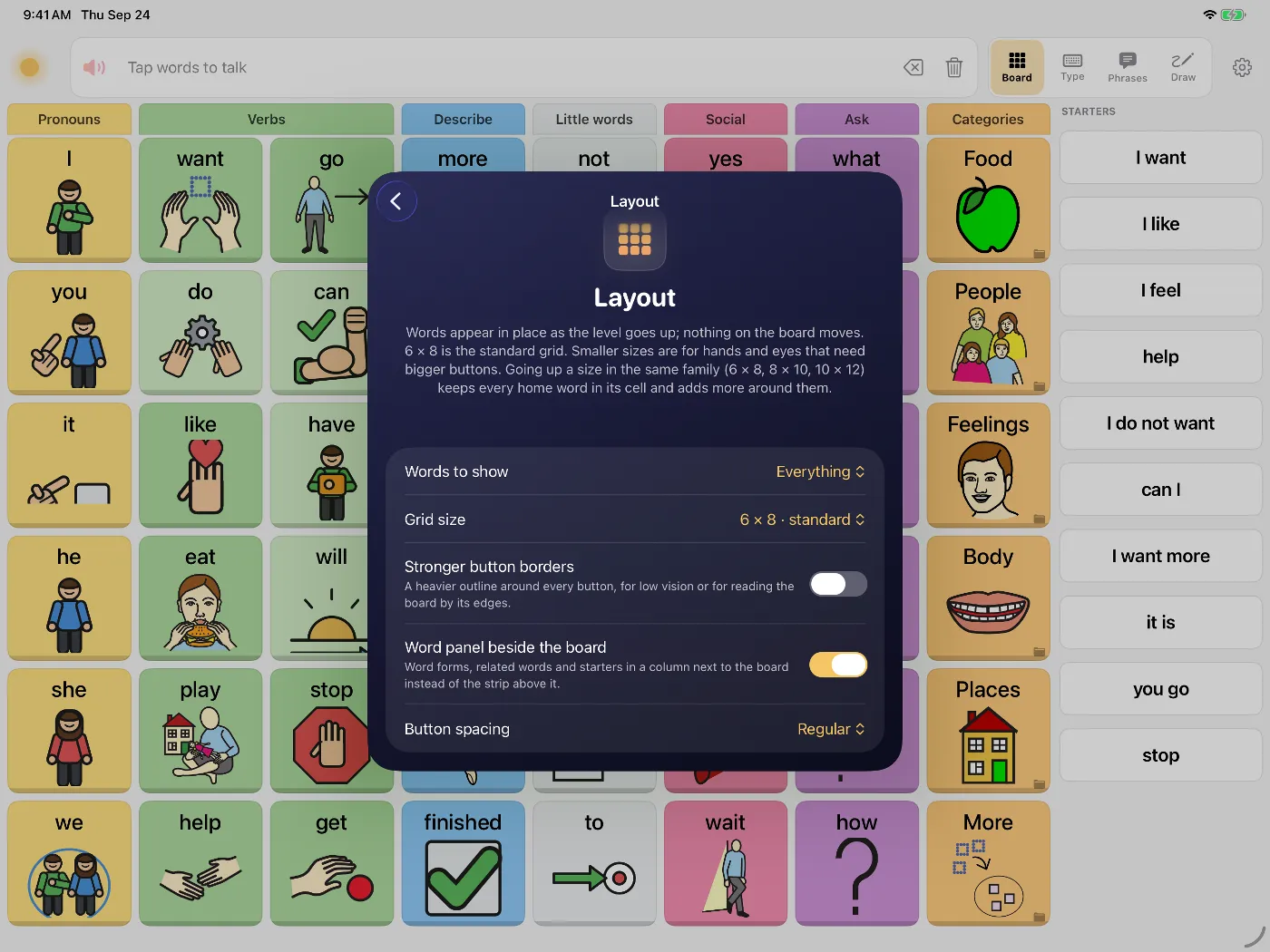 Dawn's Layout settings on iPad: Words to show, Grid size, stronger button borders, word panel and button spacing