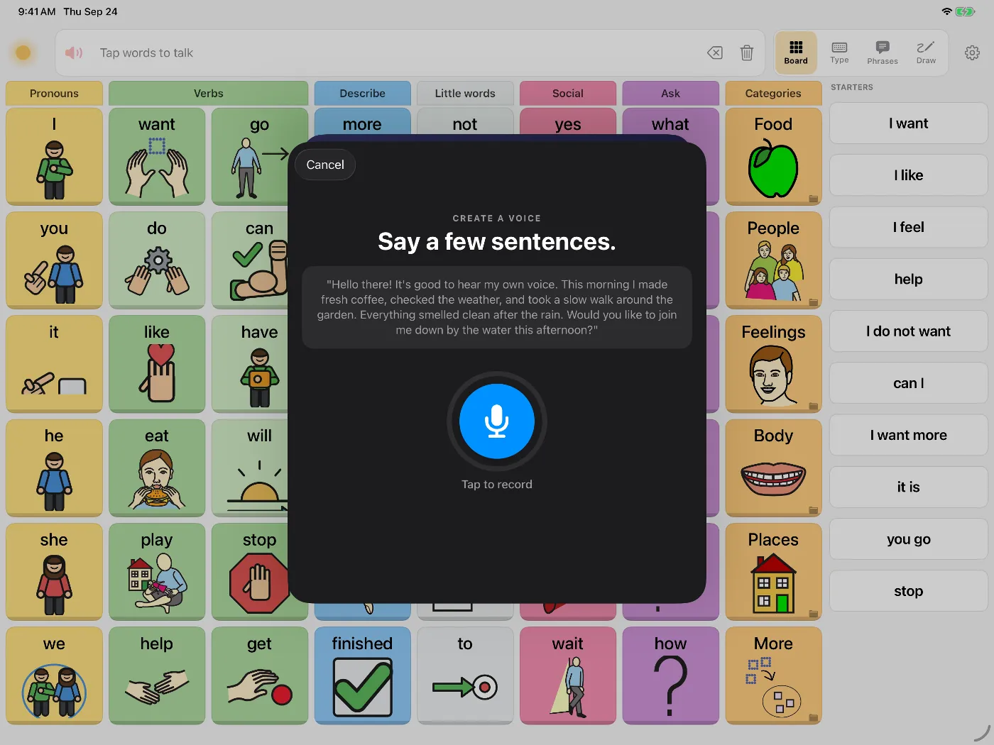 Dawn's Create a voice screen on iPad: 'Say a few sentences.' above a short passage and a record button