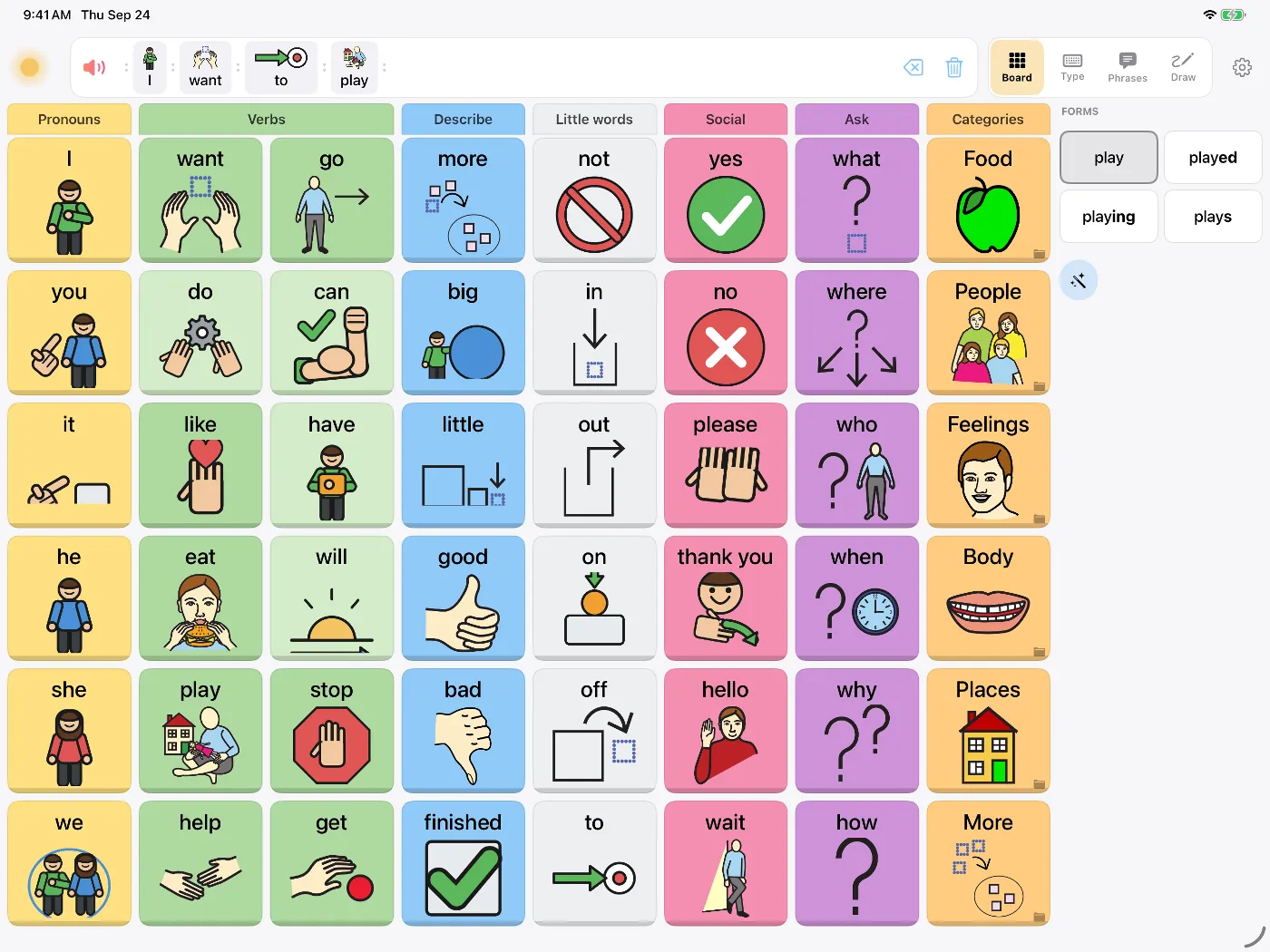 Dawn's symbol board on iPad with columns of picture buttons such as I, want, go, help and yes