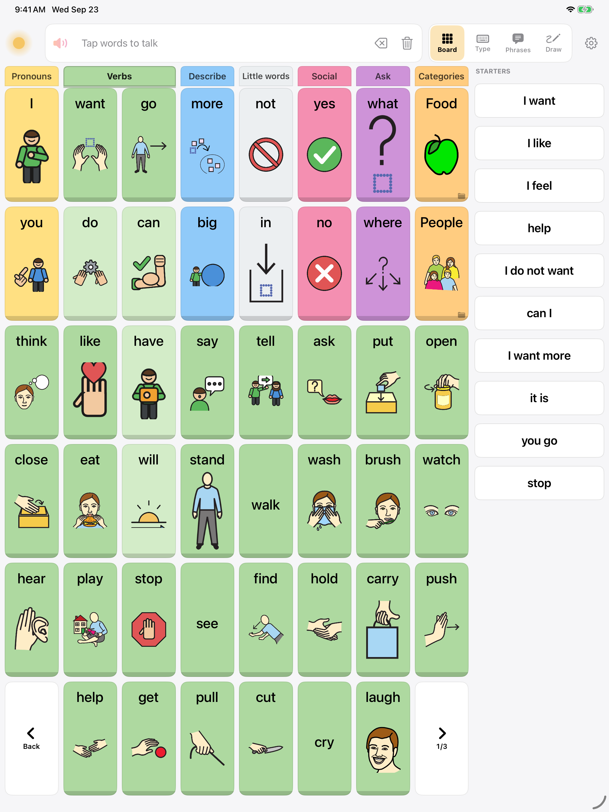 Dawn board on iPad with the Verbs lane open: the top rows and the verb columns stay, the other cells fill with more verbs