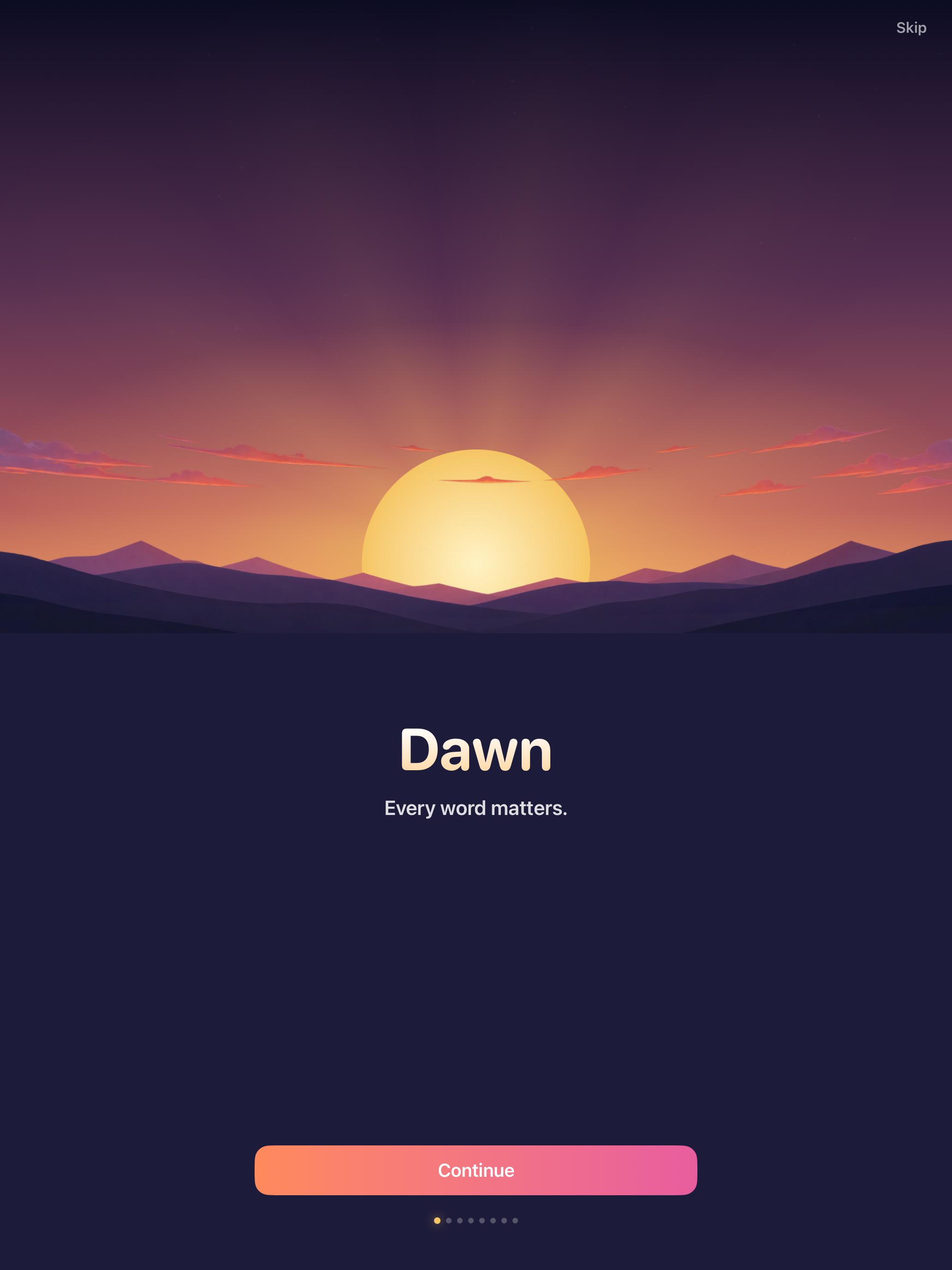 Dawn's opening screen on iPad: an illustrated sunrise over mountains, the word Dawn and the line Every word matters